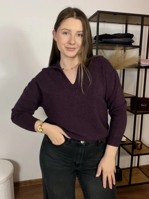 Sweter Polo z dekoltem w serek śliwkowy UNI