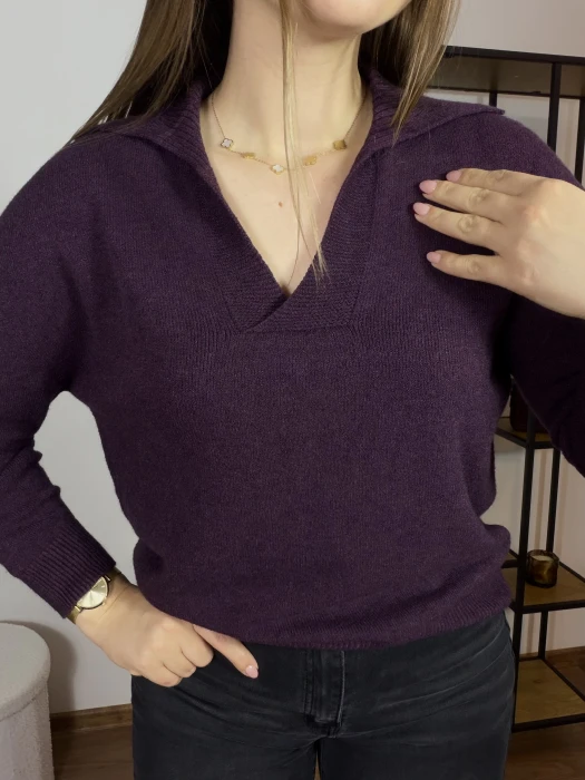 Sweter Polo z dekoltem w serek śliwkowy UNI