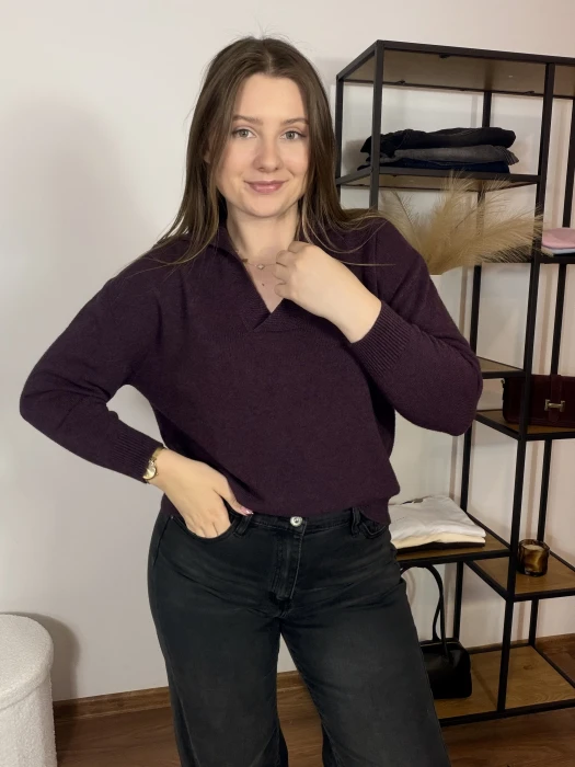 Sweter Polo z dekoltem w serek śliwkowy UNI