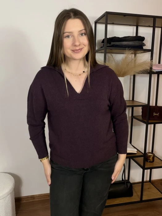 Sweter Polo z dekoltem w serek śliwkowy UNI