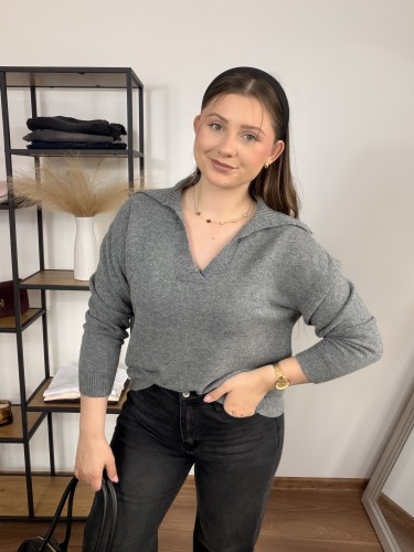 Sweter Polo z dekoltem w serek szary UNI