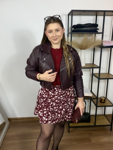 Spódnica mini o kopertowym kroju w plamki na bordowym tle Kami UNI