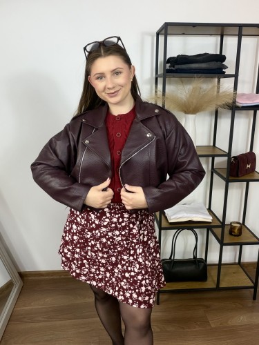 Spódnica mini o kopertowym kroju w plamki na bordowym tle Kami UNI