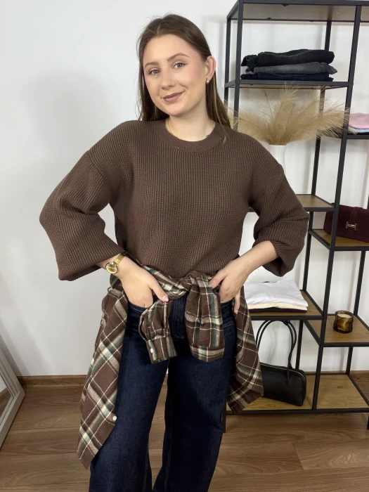 Sweter Lena oversize z szerokimi rękawami brązowy UNI