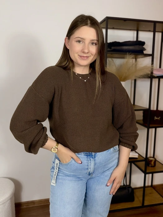 Sweter Lena oversize z szerokimi rękawami brązowy UNI