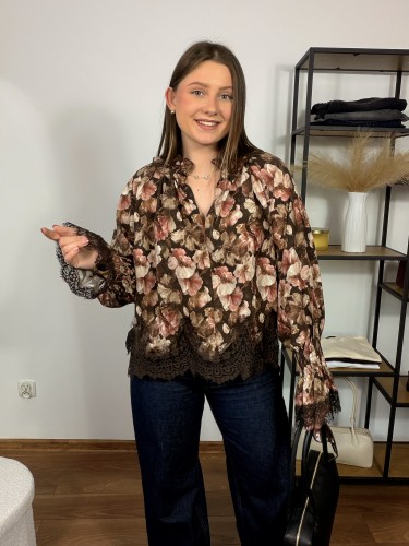 Koszula Flair w kwiaty brązowa z koronką UNI