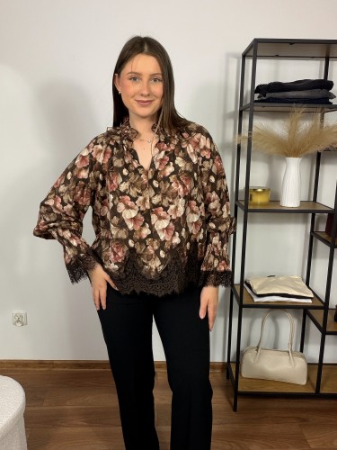 Koszula Flair w kwiaty brązowa z koronką UNI