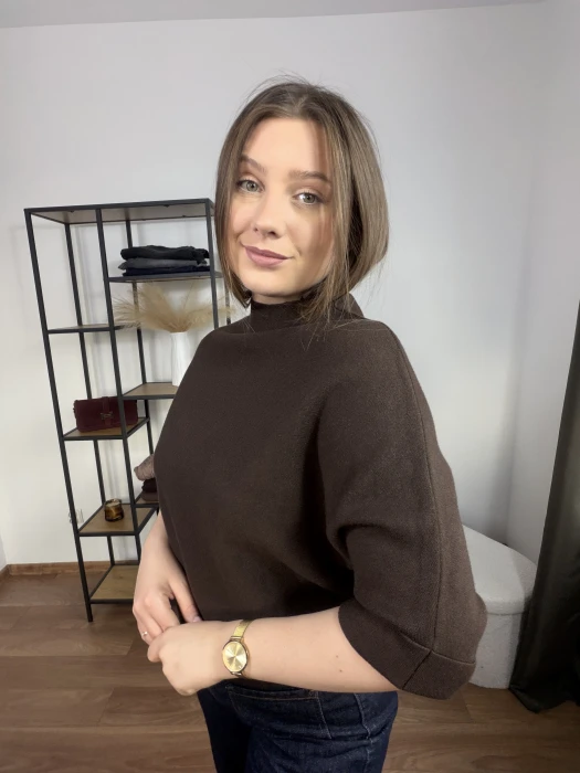 Sweter dzianinowy Jasmina brązowy rękaw 3/4 UNI
